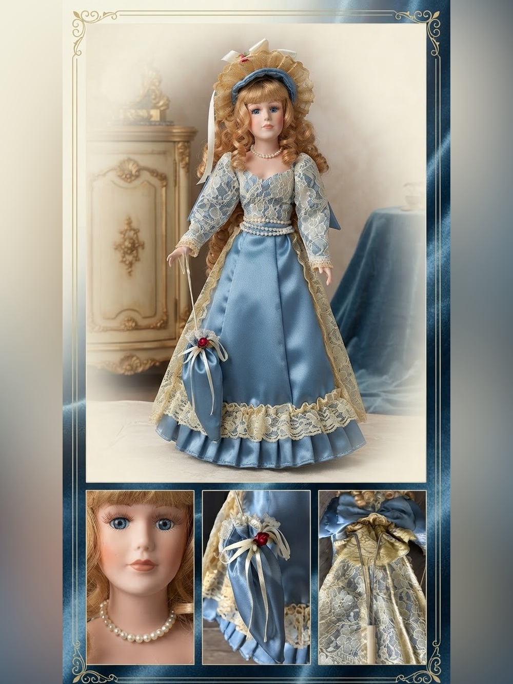 Vintage Doll Blue Lace Gown Blonde Curls Collectible Figurine Victorian Fashion